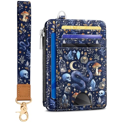 Image of Kelvoris Goth Mushroom Slim Wallet Women Credit Card Holder, Small RFID | Keychain, Zipper Coin Pocket, Front Pocket Thin Travel Card Case, Minimalist, 6 Card Slots, 1 ID Window, Ladies Gifts Woman