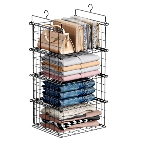 Chemailon 3 Tier Hanging Stackable Closet Organizer Wire Storage Bin Basket Drawers Shelves for Clothes Sweaters Handbags Clutches Black
