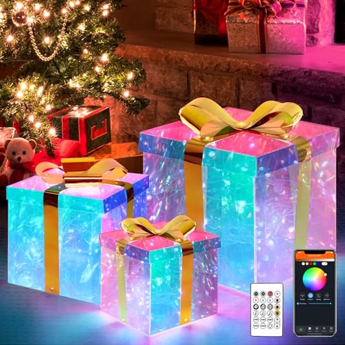 Set of 3 Lighted Gift Boxes Christmas Decoration, 75 LED Lighted Christmas Boxes, App Control & Remote Controller, RGB Multi-Color Gift Boxes Light, Outdoor Christmas Decorations for Xmas Tree Yard