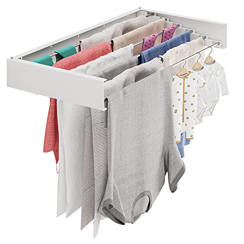 BGT - Tendedero retráctil para ropa de 40 pulgadas, montaje en pared, color blanco, estante de secado de ropa, estantes de secado plegables para lavandería, estante de secado montado en la pared para