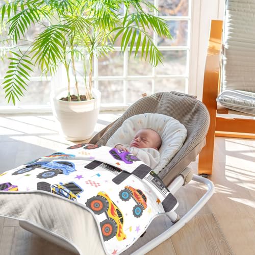 Image of Swaddle Blanket Cartoon Monster Trucks Cotton Blanket for Infants Receiving Blanket Lightweight Soft Swaddling Blanket for Crib, Stroller, Nursery Blankets, 30x40In