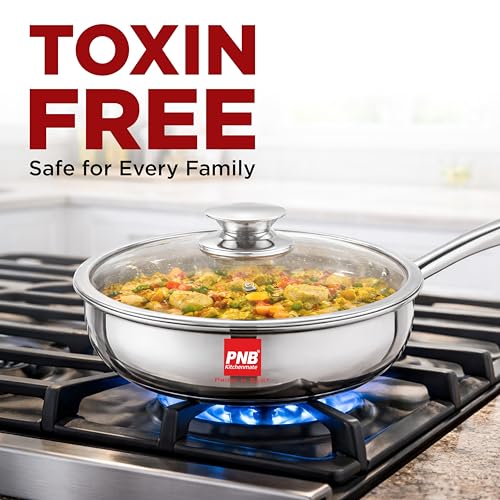 Image of PNB Triply Stainless Steel Frypan with Tempered Glass Lid | 18 cm 1.5 Litre | 3-Ply Induction Gas Compatible | PFOA Free Healthy Cookware | 5 Year Warranty | Compact Frying Pan for 1-2 Person