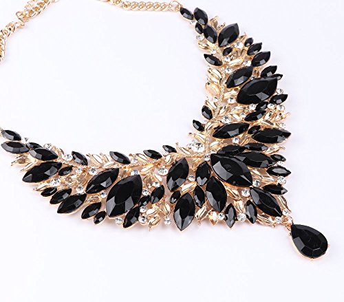 Women 18K Gold Plated Rhinestone Crystal Pendant Necklace Earring Jewelry Sets (Black) #TOP3