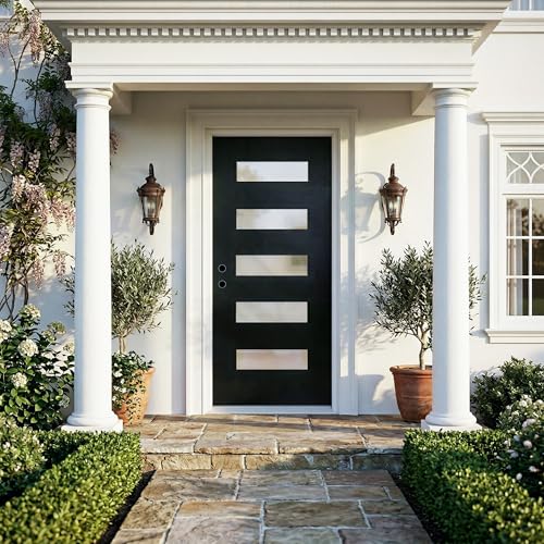 Image of Casaphoria 36 inch x 80 inch Fiberglass Entry Door with White 4-9 /16 inch Vinyl Frame,Right Hand Inswing Exterior Door with Brickmould,Contemporary 5-Lite Knock-Down Front Door for Home Entrance, Balck