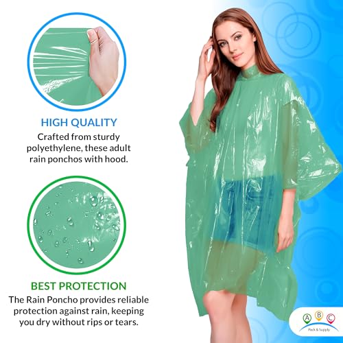 Image of ABC PACK & SUPPLY Disposable Rain Ponchos for Adults, Green Hooded Rain Poncho, One Size, Polyethylene 0.02mm, Individually Wrapped, Bulk Pack of 200