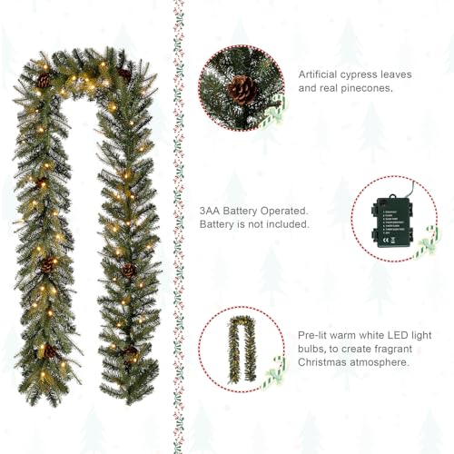 Glitzhome GAAHAA000880 Pre-Lit Greenery Pine Cone Christmas Garland Flocked And Warm White Led Lights thumb #3