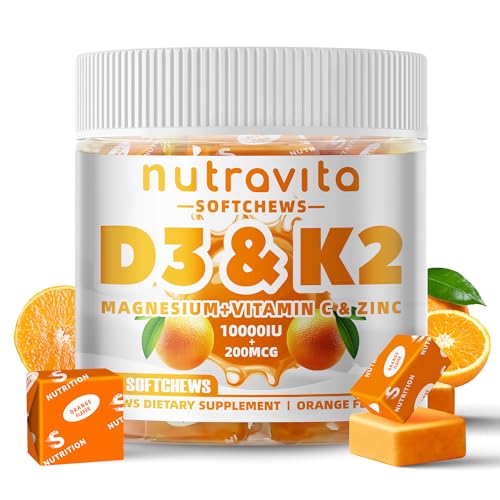 Nutravita Sugar-Free Vitamin D3 K2 Chews with Calcium + K2 (MK-7), Magnesium Citrate, Vitamin C,...