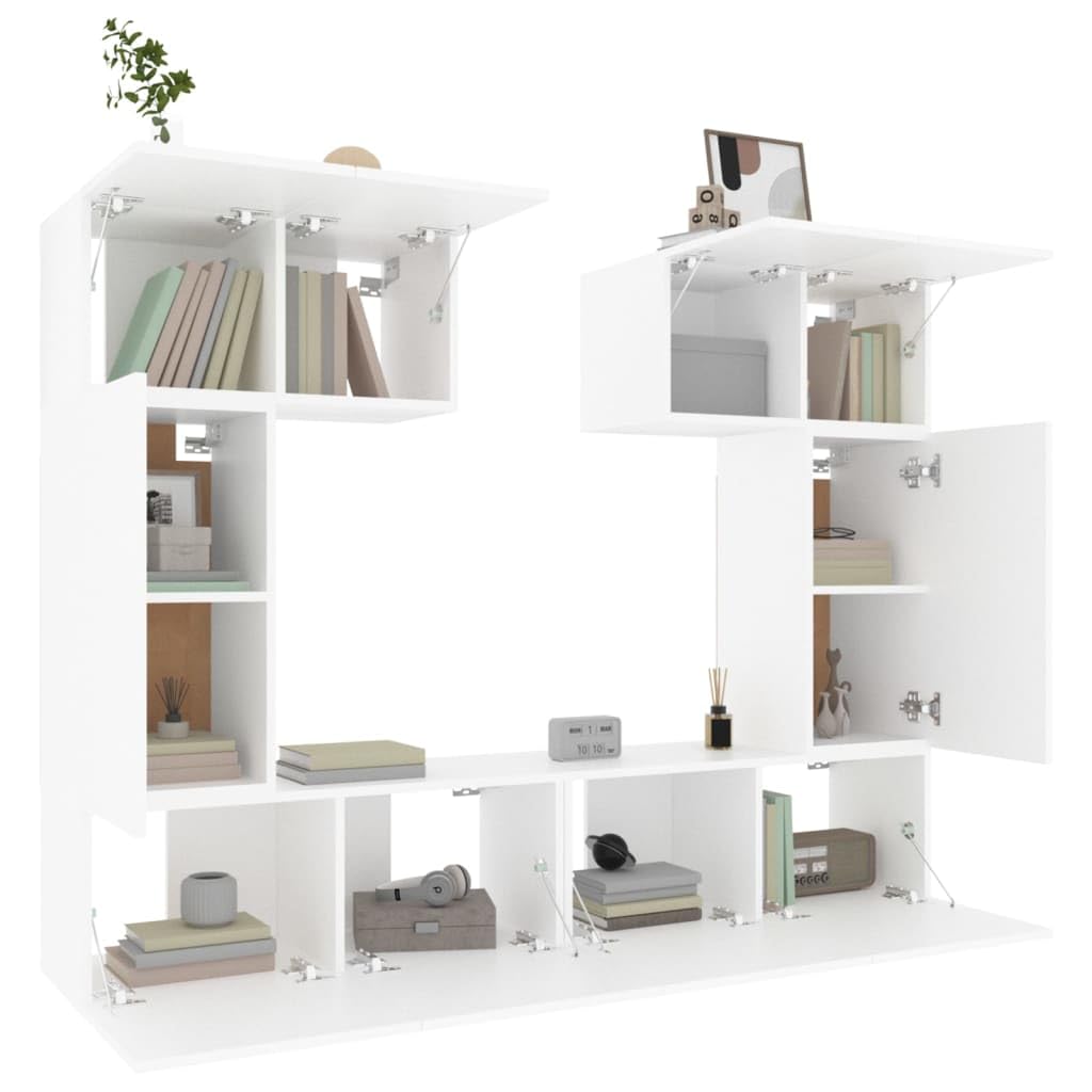 6-TLG. TV-Schrank-Set, Weiß Holzwerkstoff, Hängend, Modernes Media-Center für Wohnzimmer, Schlafzimmer, Robustes Entertainment-Center, Vielseitiger TV-Ständer