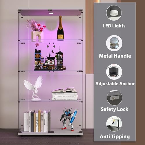 64.5" H 4-Shelf LED Lights Glass Display Cabinet with Double Door,Modern Curio Cabinet Collection Display Case,Floor Standing Bookshelf Glass Case with Lock for Living Room,Home Office (White) - Image 4