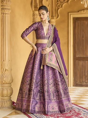 Image of PURVAJA Women's Kanjiwaram Semi-Stitched Lehenga choli