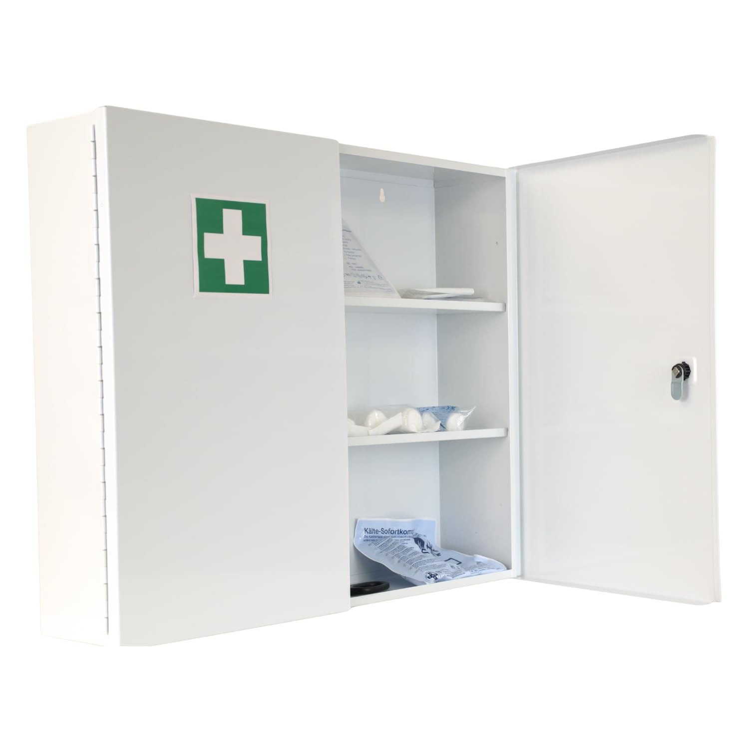 Botiquín de primeros auxilios DIN 13157:2021 con 3 compartimentos (dos puertas), compartimento para medicamentos con cerradura y cerradura de seguridad, de metal, 60 x 50 x 13 cm, grande, resistente
