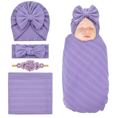 Image of Cinaci Soft Nursery Newborn Receiving Swaddle Blanket Baby Turban Hat with Bow Headband Nylon Flower Headband Headwraps for Baby Girls Boys Infants (Purple)