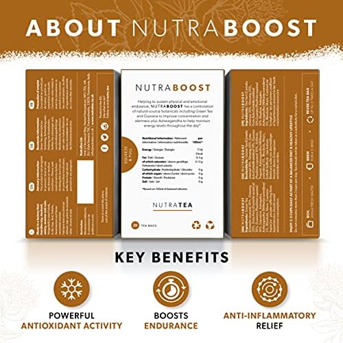 NUTRABOOST - Energy Tea | Herbal Energy Boost Tea - Help With Tiredness And Fatigue -Includes Green Tea, Ginseng & Ashwagandha - 20 Enveloped Tea Bags - by Nutra Tea - Herbal Tea