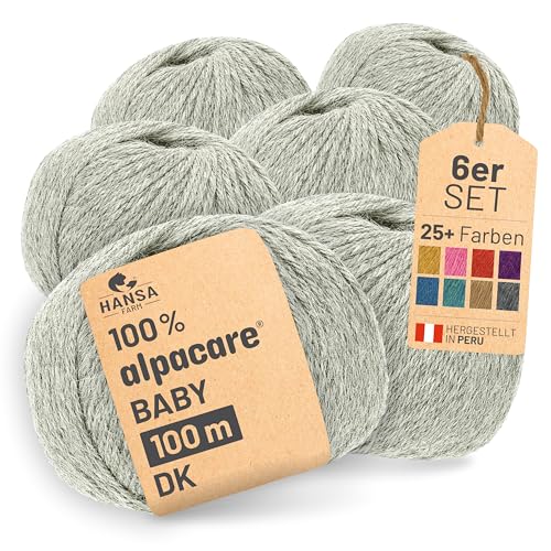 HANSA-FARM | Alpacare 100% die 1. maschinenwaschbare Baby Alpakawolle - 300 Set DK (6 x 50g) - kratzfreie Alpaka Wolle zum Stricken & Häkeln - Silbergrau