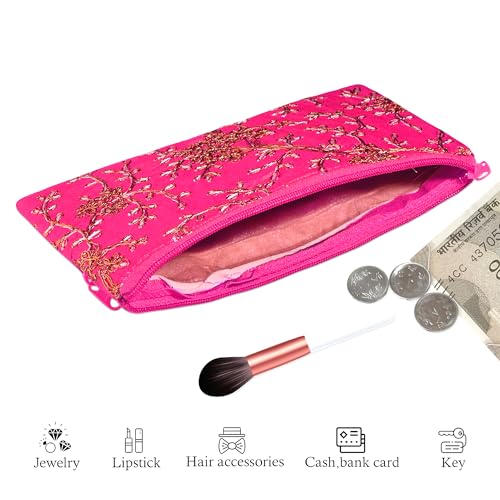 Image of Kuber Industries 2 Pcs Polyester Hand Purse for Woman with Zip | Lightweight & Compact Ladies Purse /Wallet for Travelling, Party, Wedding & Events | Embroidery Design - Pink