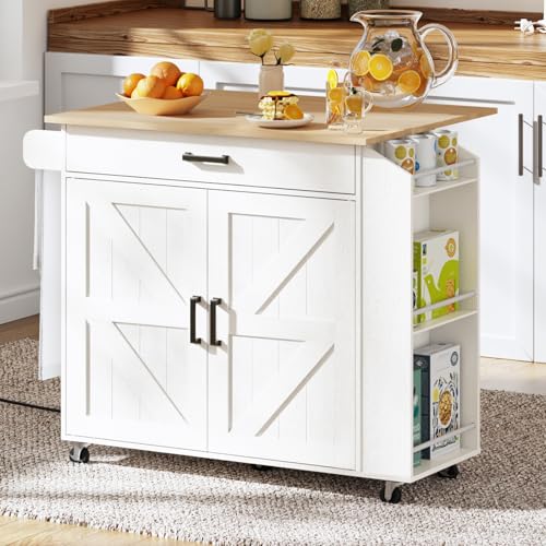 HOOBRO Kitchen Island with Drop Leaf & Power Outlet