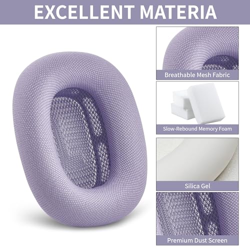 Image of Replacement Ear Cushions for Apple AirPods Max 1 & 2 Upgraded Memory Foam Pads with Durable Fabric,Sound Insulation and Noise Reduction,Strong Magnetic Fit,Sweat-Resistant,Breathable Comfor(Purple)