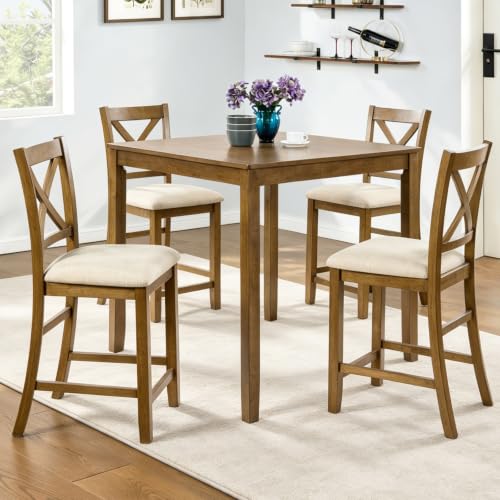 Image of Harper & Bright Designs 5-Piece Counter Height Dining Set - Square Table & 4 X-Back Chairs, Solid Wood & MDF Frame, Waterproof Surface, Easy Assembly, Ideal for Small Kitchens & Apartments,Oak Finish