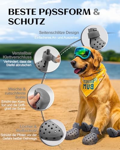 Hundeschuhe Pfotenschutz Outdoor – Hundeschuhe Wasserdicht, einfach an- und auszuziehen, atmungsaktiv, rutschfest, leicht zu reinigende Hundestiefel für Sommer Hitze und Winter Schnee (grau, M)