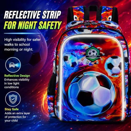Image of Soccer Backpack for Boys, 16 inch Kids Bookbag with Lunch Box, 3Pcs Football School Backpacks for Elementary Preschool Kindergarten (Fire and Ice)