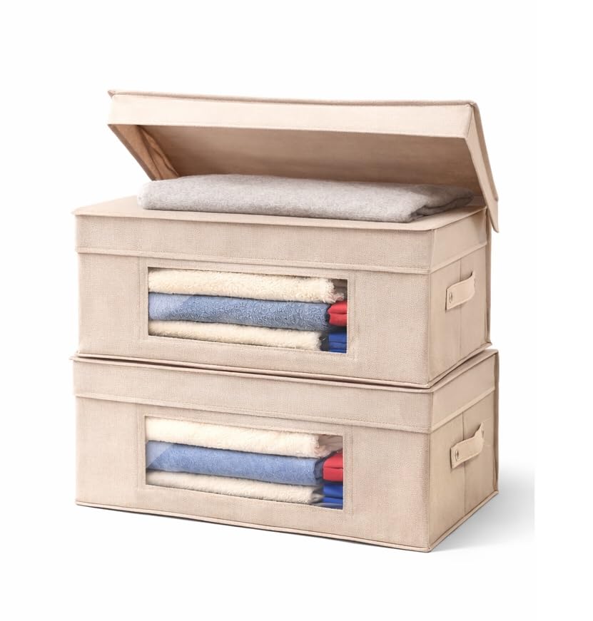 Zollyss Non-Woven Foldable Storage Boxes with Handle & Lid, Multipurpose Organizer for Clothes, Wardrobe, Closet, Toys, Books, Undergarments, Beige, 40x30x20 cm (Pack of 2)-image-17