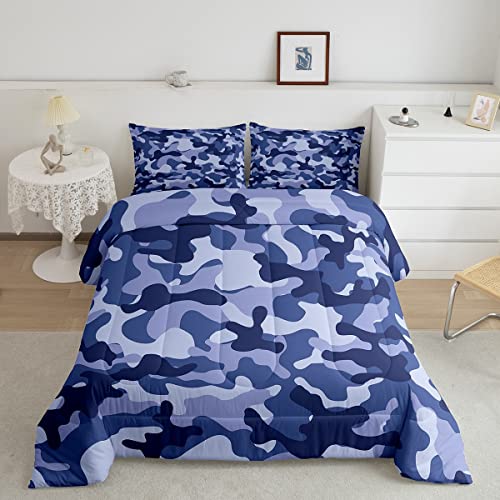 Erosebridal Camouflage Comforter Set, Retro Composition of Grunge Camo Down Comforter Kids Boys Modern Blue Tones Bedding Set, Lightweight Quilted Duvet, Decorative 2 Piece with 1 Pillow Sha