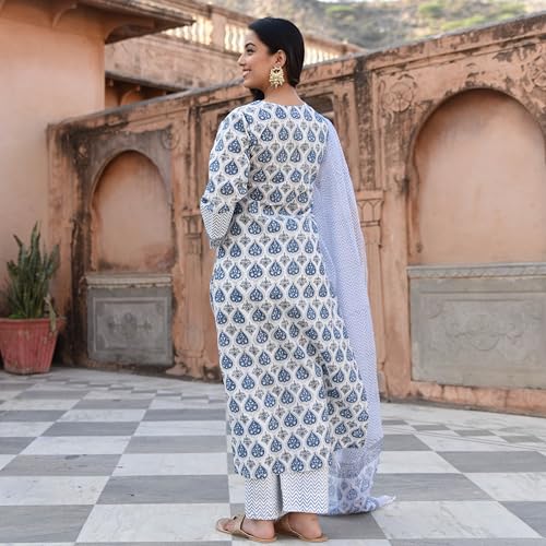 Image of Sidhidata Women's Cotton Blend Printed Kurta Pant and Dupatta Set