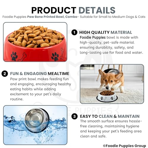 Image of Foodie Puppies Stainless Steel Dog Bowl Combo - (Medium, 700ml) Food and Water Feeding Gift Bowl | Suitable for Dogs, Cats and Other Pets I Paw Bone Print, Anti-Skid Rubber Base (White + Red)