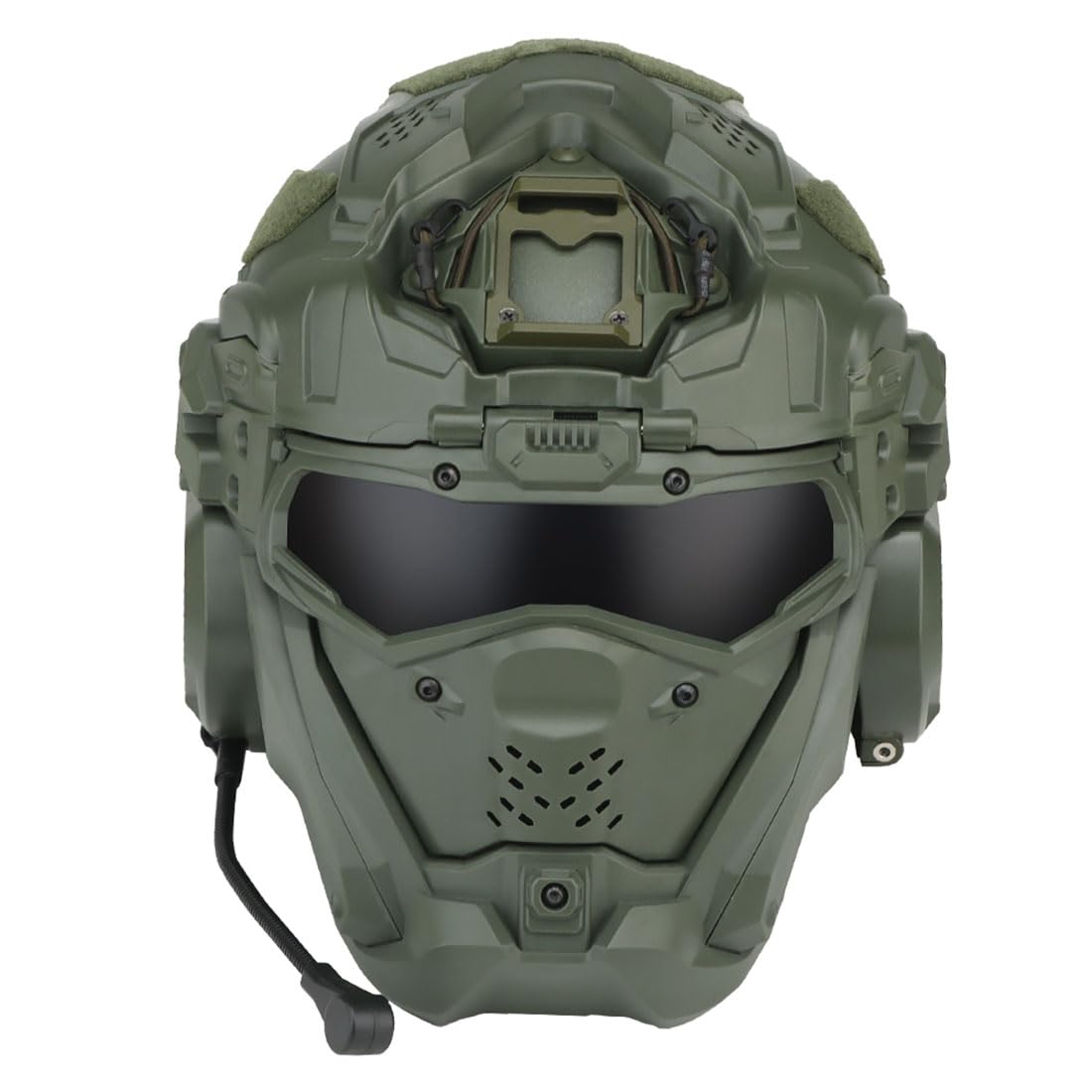 MetaHrystynx Tactical Helmet, Full-covered Military Face Protective Gear, Built-in Earphones, Visor, Anti-fog Fan and Night Vision Device Bracket, Realistic CS Mask, Cosplay Prop, Green
