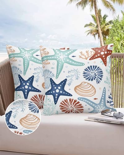 Outdoor Pillow Covers 24 x 24 in, Teal Blue Brown Starfish Coastal Waterproof Throw Pillow Cover Set of 2, Summer Nautical Coral Sea Home Decorative Square Cushion Covers for Patio/Couch/Garden