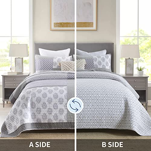 Pangushan Quilt Set King Size, 100% Cotton Bedspread Quilt Bedding Set, Patchwork Reversible Floral Quilt For King Bed, Purple/Grey/White Bed Spread, Lightweight Comforter For All Season, 3 Pieces #TOP3