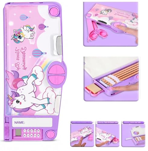Image of Sanghariyat Plastic Unicorn Magnetic Multifunctional, Cute Cartoon Compass for Girls, Buttons Operated Geometry Pencil Box Kids Include Calculator-Scissor-Ruler-Eraser-Sharpener