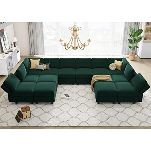 Belffin Oversized Modular sectional Sofa with Double Chaises U Shaped Sectional Sleeper Sofa Couch Reversible Sectional with Storage Velvet Green U Sh
