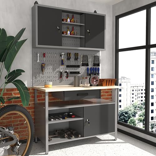 Image of Metal Heavy Duty Cabinet Workbench Set System, Included Pegboard Wall Cabinets Wood Table Top, for Garage Auto Repair Shops, Utility Room