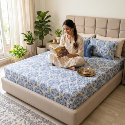 Image of Mafatlal 186 TC Grace King Size Cotton Bedsheet | 108 x 108 Inch | Lightweight & Breathable Bed Linen Set with 2 Pillow Covers | Baja Blue
