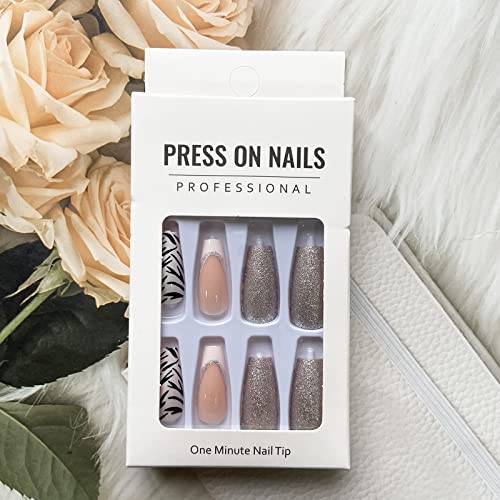 Medium Fake Nails French Tip Press On Nails Coffin Shape False Nails With Zebra Print Designs Silver Glitter Acrylic Nails Full Cover Artificial Nails Glossy Medium Stick On Nails For Women And Girls #TOP5