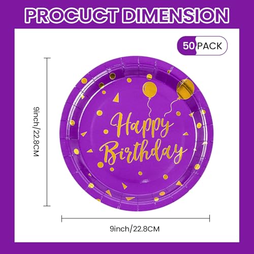 Platos de papel morados y dorados de 9 pulgadas para fiestas y postres, pack de 50 unidades 3