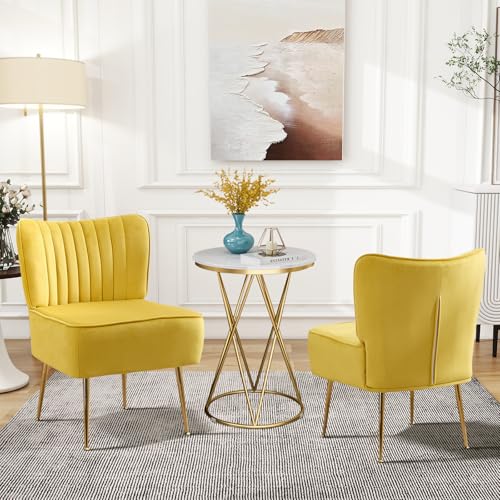 Restworld Velvet Accent Chairs Set of 2,Modern Armless Living Room Chairs,Mid Century Wingback Side Chair Single Sofa Chair with Golden Metal Legs,Small Chairs for Bedroom,Office,Guest Room,Yellow