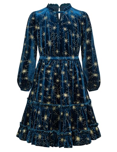 Girl's Sparking Velvet Long Sleeve Dress A-Line Midi Princess Dress Fall Winter Party Fancy Outwear Blue 10-11 Years