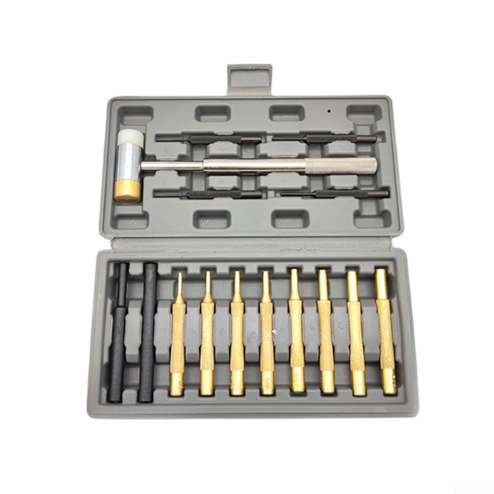 Lot de 15 chasse-goupilles avec marteau – Tête double face en laiton et nylon pour horlogerie, tâches fines et travaux d'outils – Comprend un étui de rangement