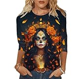 Día De Los Muertos Shirts Women 2025 Mexican Day of Dead Skull Skeleton Print T-Shirts Fall 3/4 Sleeve Tunic Tops Crewneck Pullover Blouse