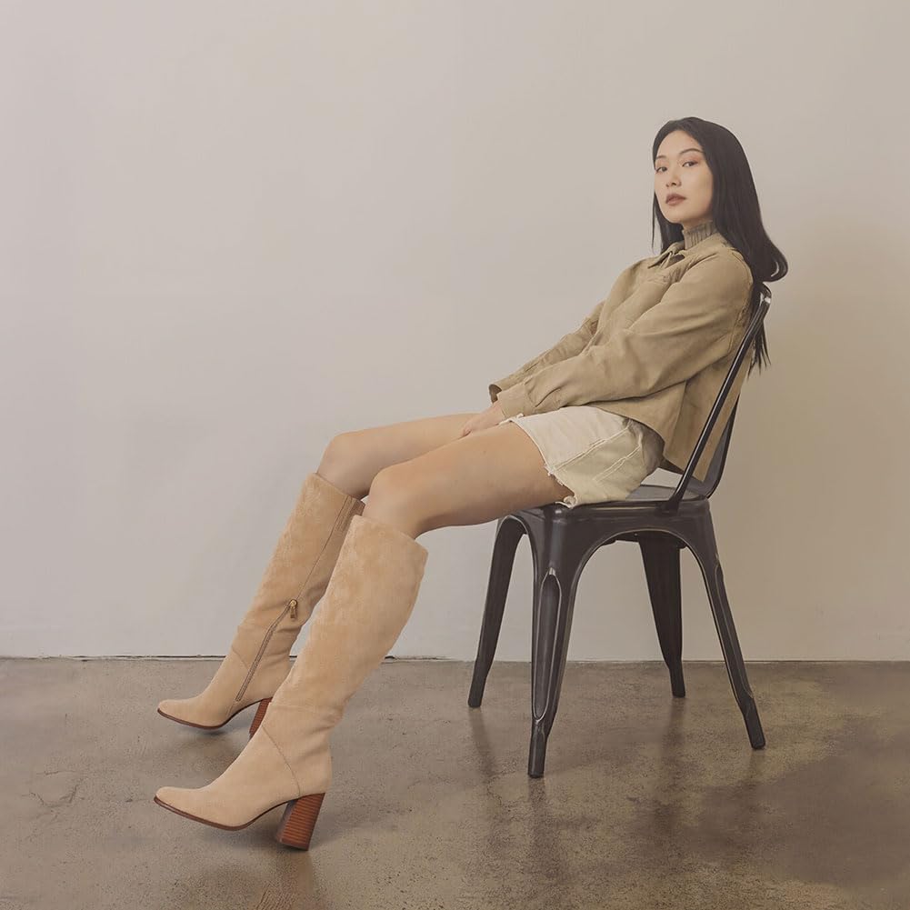 Knee High Boots Women Fall Winter Faux Suede Square Toe Chunky Block Heel Wide Calf Boots Fashion Side Zipper Long Boot - Image 2