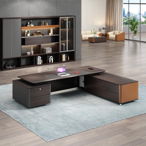 Image of Lakdi The Furniture Co Luxury Executive Director Table with Integrated Storage, Ribbed Front Panel, LED Accent Lighting and Premium Wood Finish - LDL-737