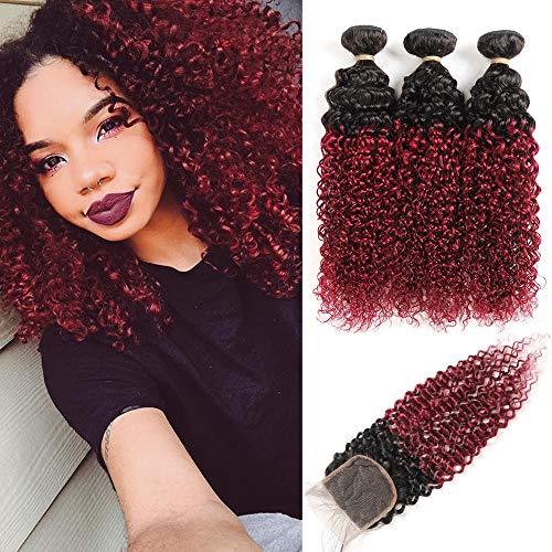 Ombre Burgundy Brazilian Curly Hair 3 Bundles with Closure, Dark Red Two Tone Curly Weave Human Hair Extensions, 99j Afro Kinki Curl Hair Weaving (14"16"18"+Closure12")