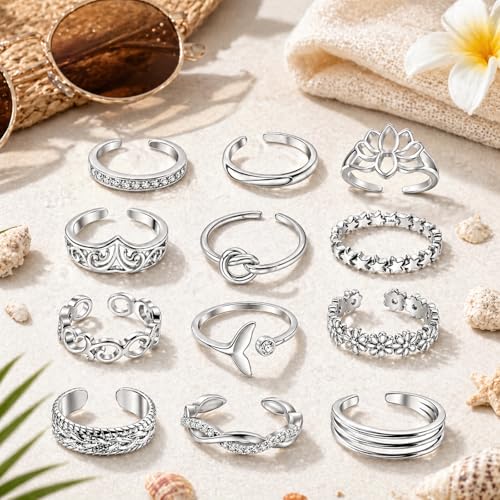 Image of 12PCS Toe Rings for Women 14K Gold /Silver Plated Adjustable Toe Ring Set Open Heart Arrow Infinity Rings Beach Foot Jewelry for Summer