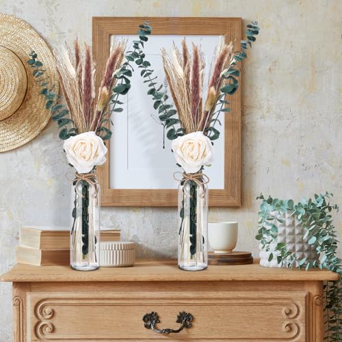 Qinyoung 10 Set Dried Pampas Grass Centerpiece for Wedding Baby Shower Party 10 Glass Flower Jars 10 Artificial Roses 80 Dried Pampas Grass with Rope for Rustic Bridal Farmhouse Decoration - Image 6