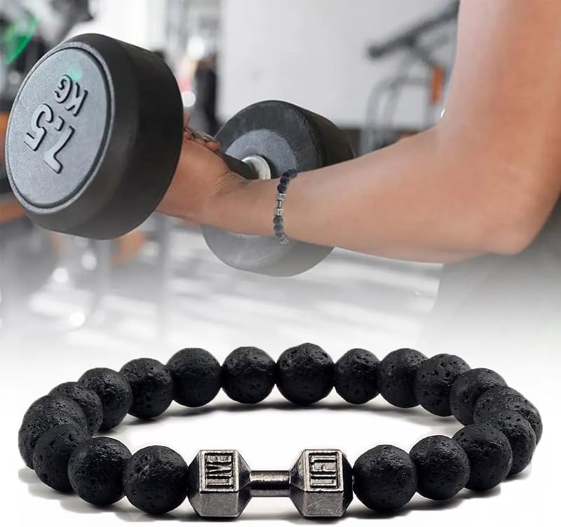 1PC Volcanic Stone Bracelet Men Charm Dumbbell Strand Gym Bracelets Women Barbell Fitness Jewelry Accessory