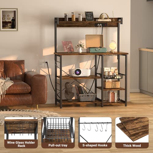 Topfurny Bakers Rack With Power Outlet, Microwave Stand, Kitchen Storage Shelf With Wire Basket, Coffee Bar Station With Wine Glass Holder, Kitchen Rack For Spices, Pots, And Pans, Rustic Brown #TOP4