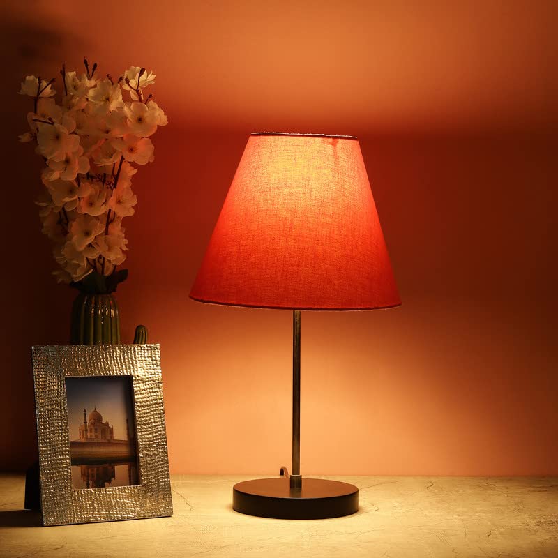 Image of Silver Table Lamp with Handmade Conical Orange Shade, Minimalist Design, for Couple Dinner /Coffee Table /Restaurant /Bedroom, On /Off Switch Long Wire