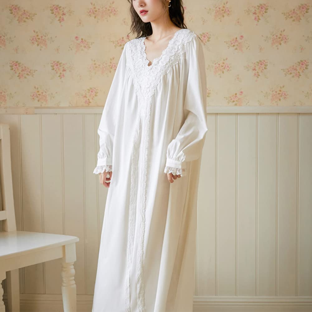 GUOCU Damen Mädchen Vintage Süß Prinzessin Stil Nachthemd Langarm Pyjama mit Floraler Spitze Bestickt V-Ausschnitt Nachtkleid Nachtwäsche Lounge-Kleid Schlafkleid Baumwolle Schlafanzug Sleepwear
